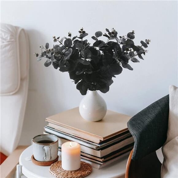 6 Pcs Artificial Black Eucalyptus with Stems, 14", Black Silk - Picture 6 of 7